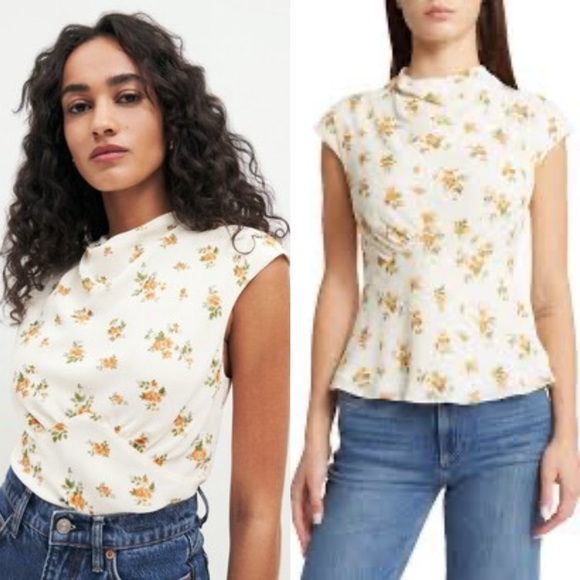 Reformation Tops - Reformation Size 8 Bettie Floral Cap Sleeve Mock Neck Top Yellow Cream
